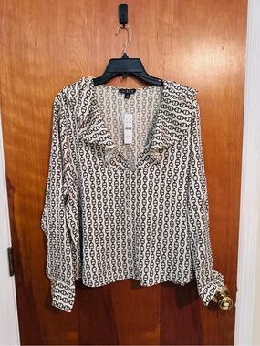 J. Crew Cream and Black Printed Ruffle V-Neck Blouse